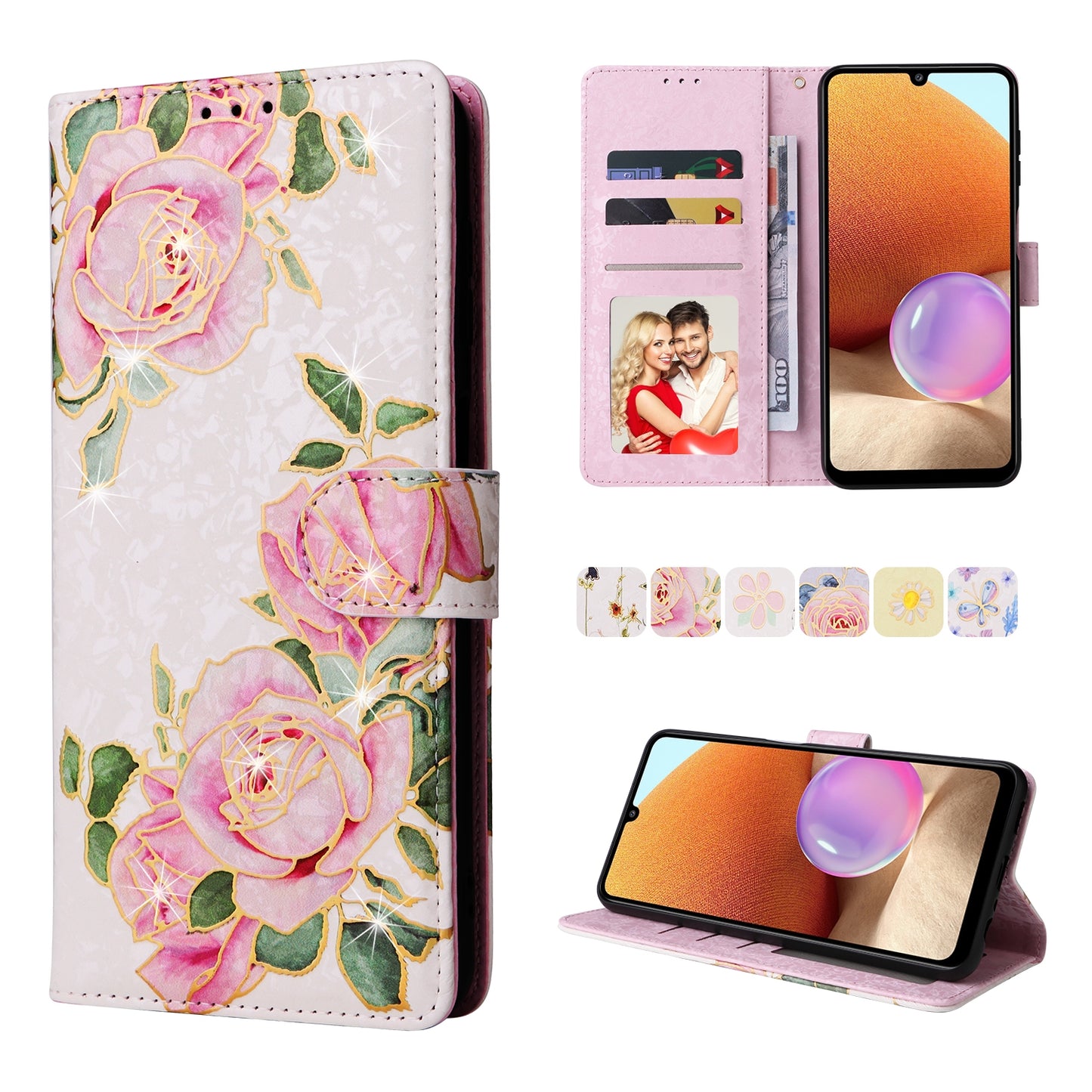Samsung Galaxy A32 4G Luxury Bronzing Leather Case - Floral RFID Wallet Cover with Stand & Card Slots