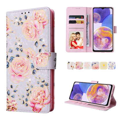 Samsung Galaxy A23 4G Luxury Bronzing Leather Case - Floral RFID Wallet Cover with Stand & Card Slots