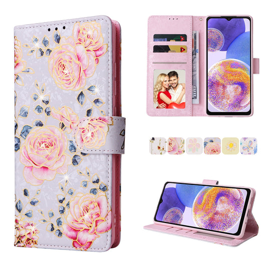 Samsung Galaxy A23 4G Luxury Bronzing Leather Case - Floral RFID Wallet Cover with Stand & Card Slots