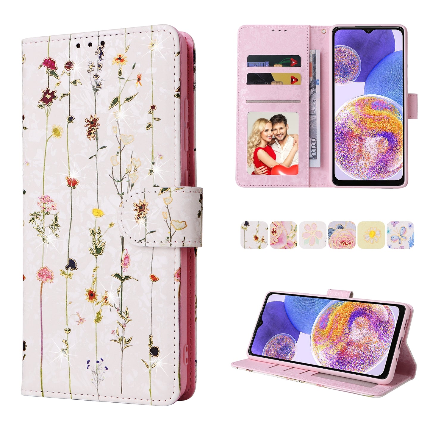 Samsung Galaxy A23 4G Luxury Bronzing Leather Case - Floral RFID Wallet Cover with Stand & Card Slots