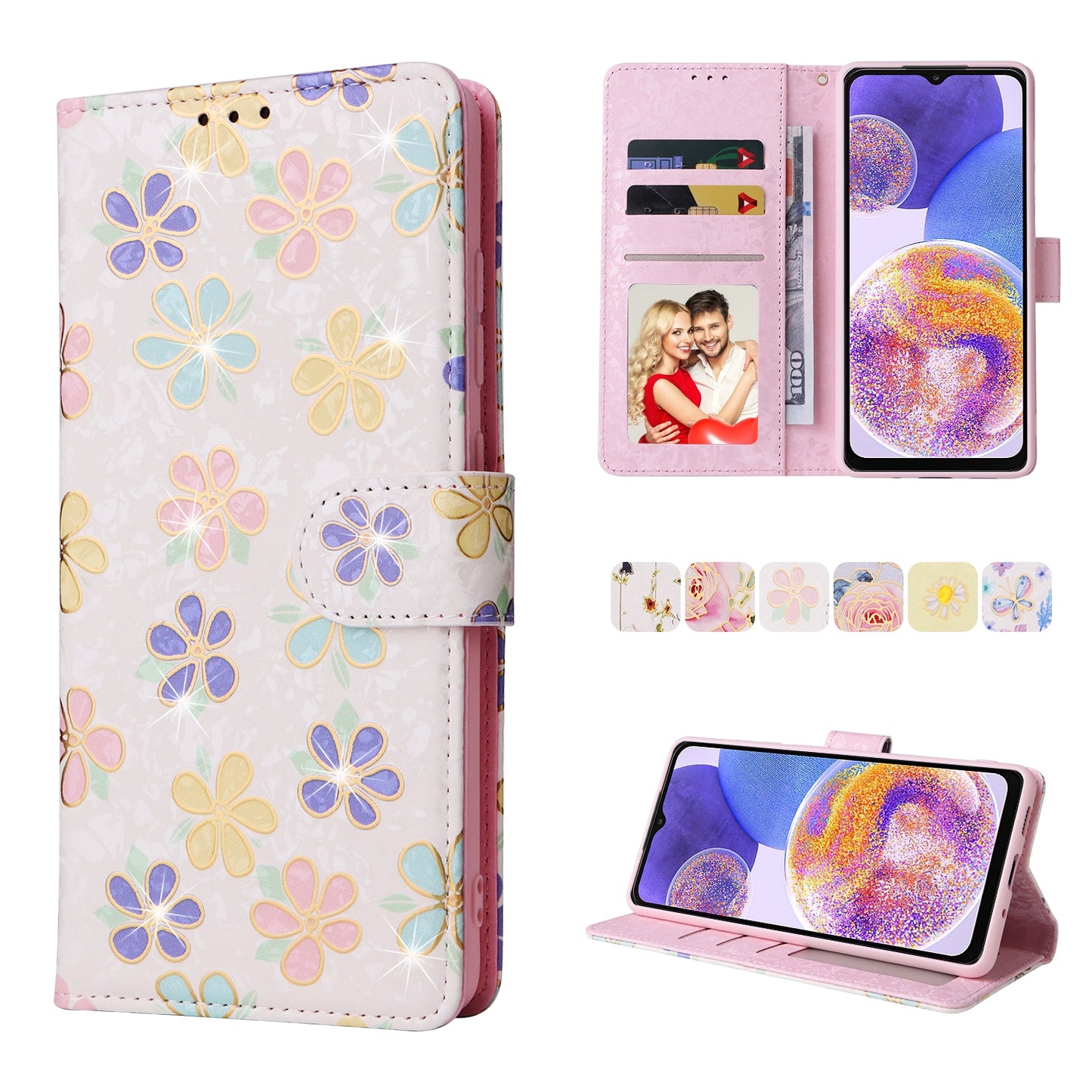 Samsung Galaxy A23 4G Luxury Bronzing Leather Case - Floral RFID Wallet Cover with Stand & Card Slots