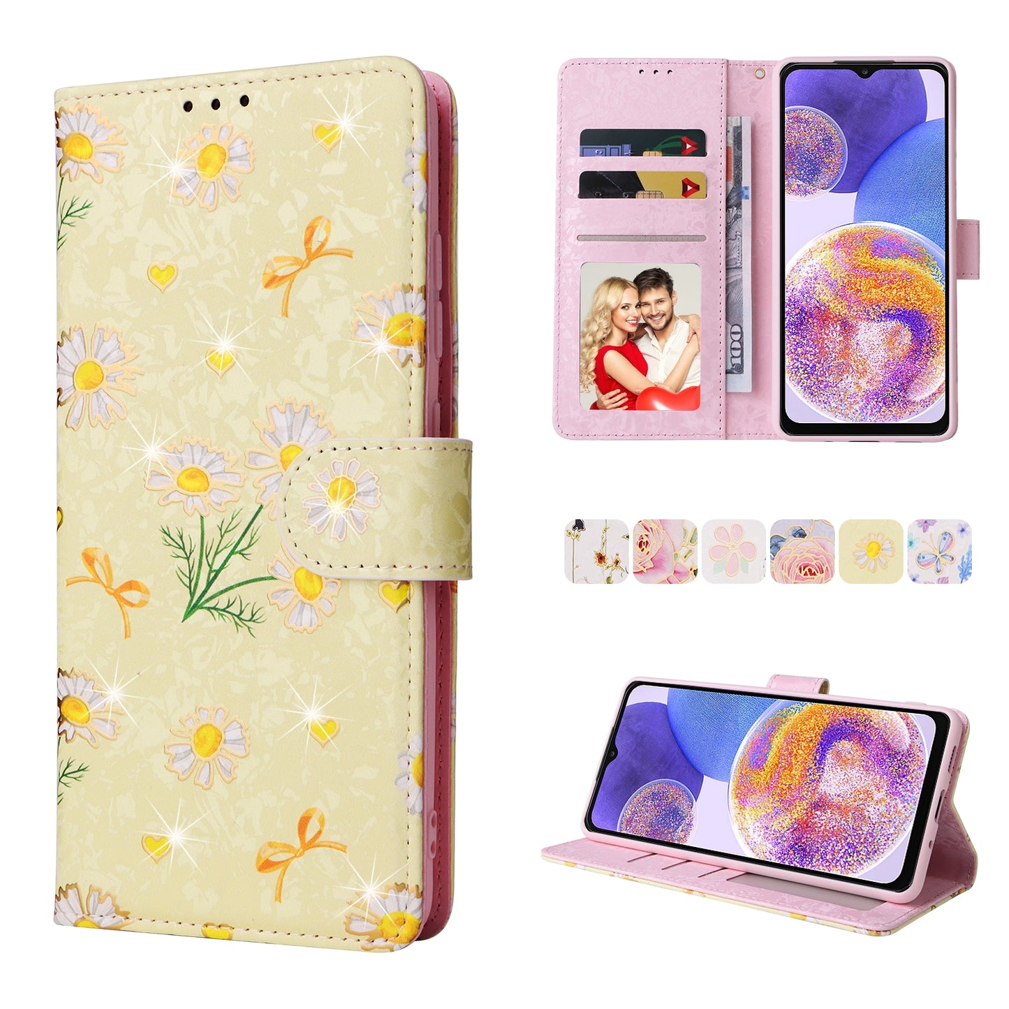Samsung Galaxy A23 4G Luxury Bronzing Leather Case - Floral RFID Wallet Cover with Stand & Card Slots