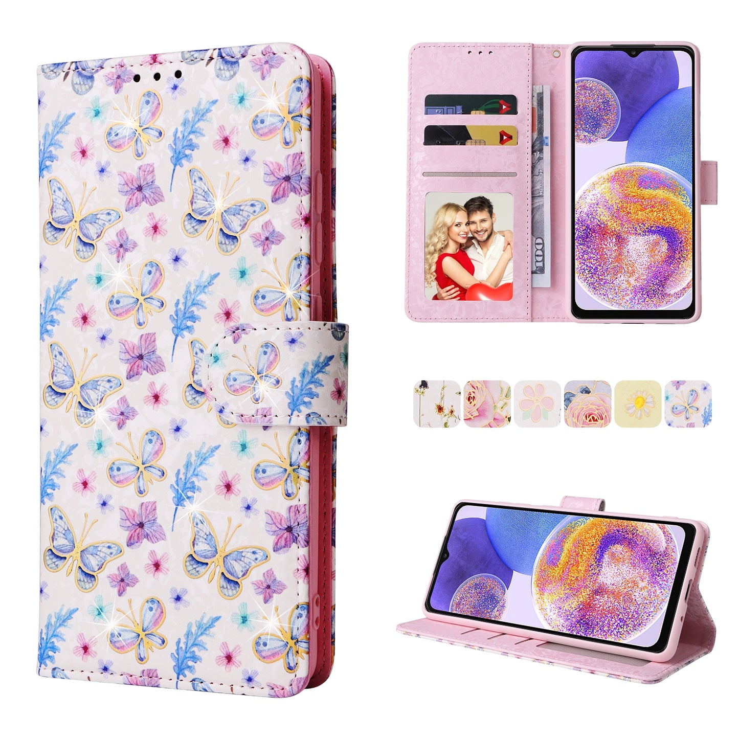 Samsung Galaxy A23 4G Luxury Bronzing Leather Case - Floral RFID Wallet Cover with Stand & Card Slots