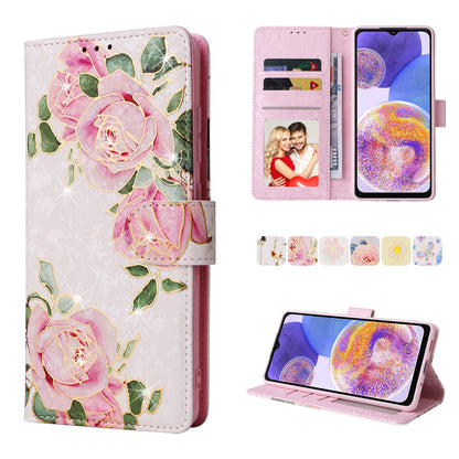 Samsung Galaxy A23 4G Luxury Bronzing Leather Case - Floral RFID Wallet Cover with Stand & Card Slots