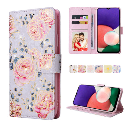 Samsung Galaxy A22 5G Luxury Bronzing Leather Case - Floral RFID Wallet Cover with Stand & Card Slots