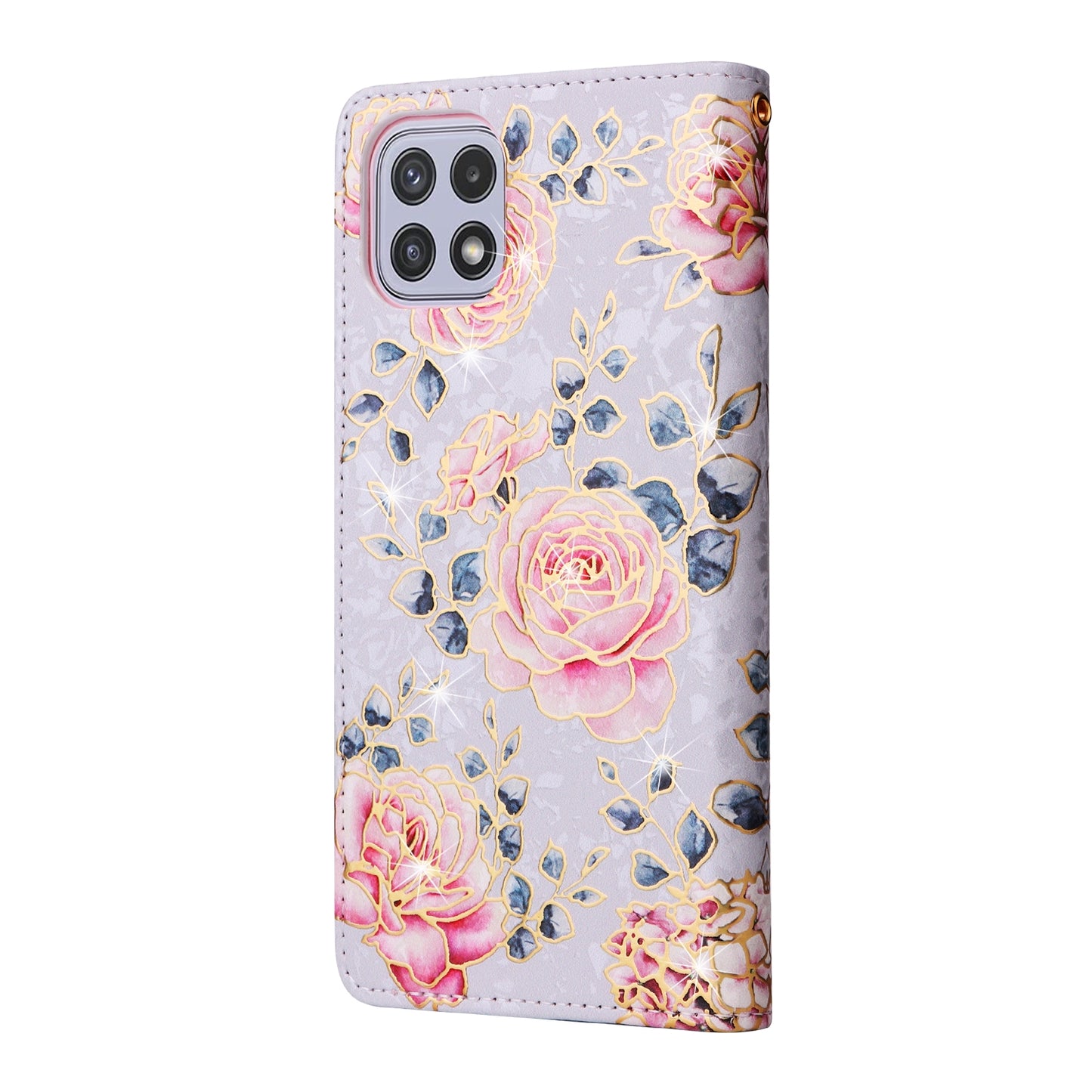 Samsung Galaxy A22 5G Luxury Bronzing Leather Case - Floral RFID Wallet Cover with Stand & Card Slots