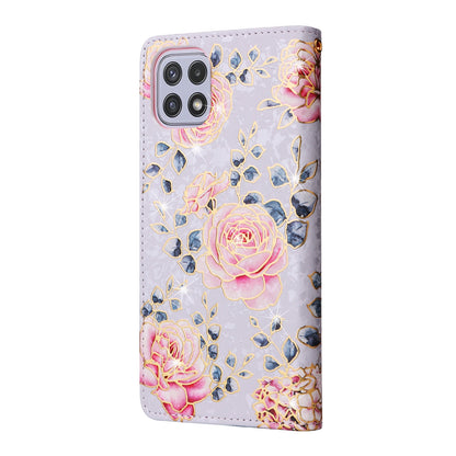 Samsung Galaxy A22 5G Luxury Bronzing Leather Case - Floral RFID Wallet Cover with Stand & Card Slots
