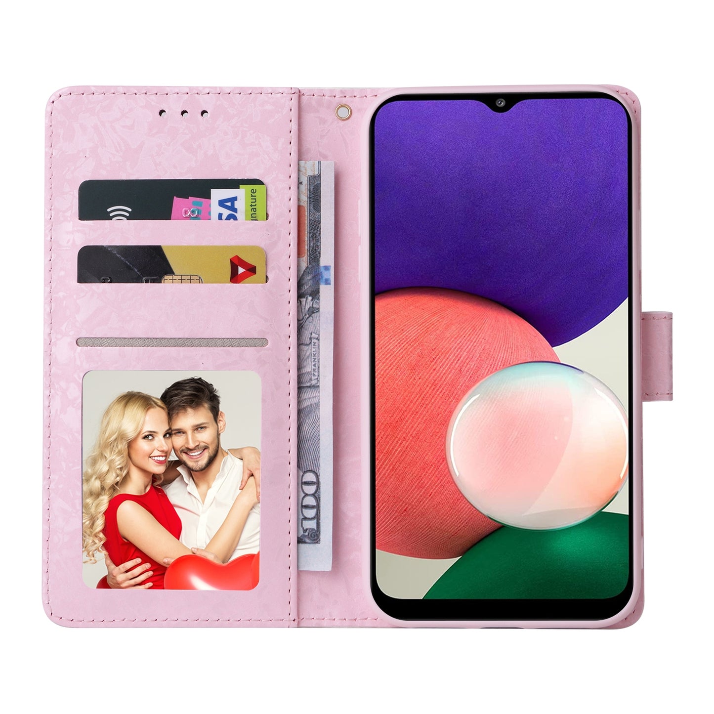 Samsung Galaxy A22 5G Luxury Bronzing Leather Case - Floral RFID Wallet Cover with Stand & Card Slots