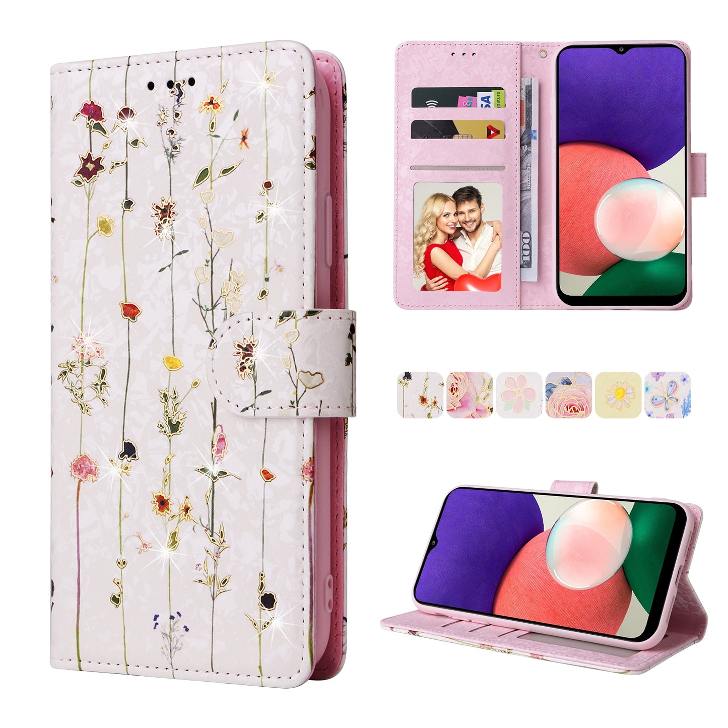 Samsung Galaxy A22 5G Luxury Bronzing Leather Case - Floral RFID Wallet Cover with Stand & Card Slots