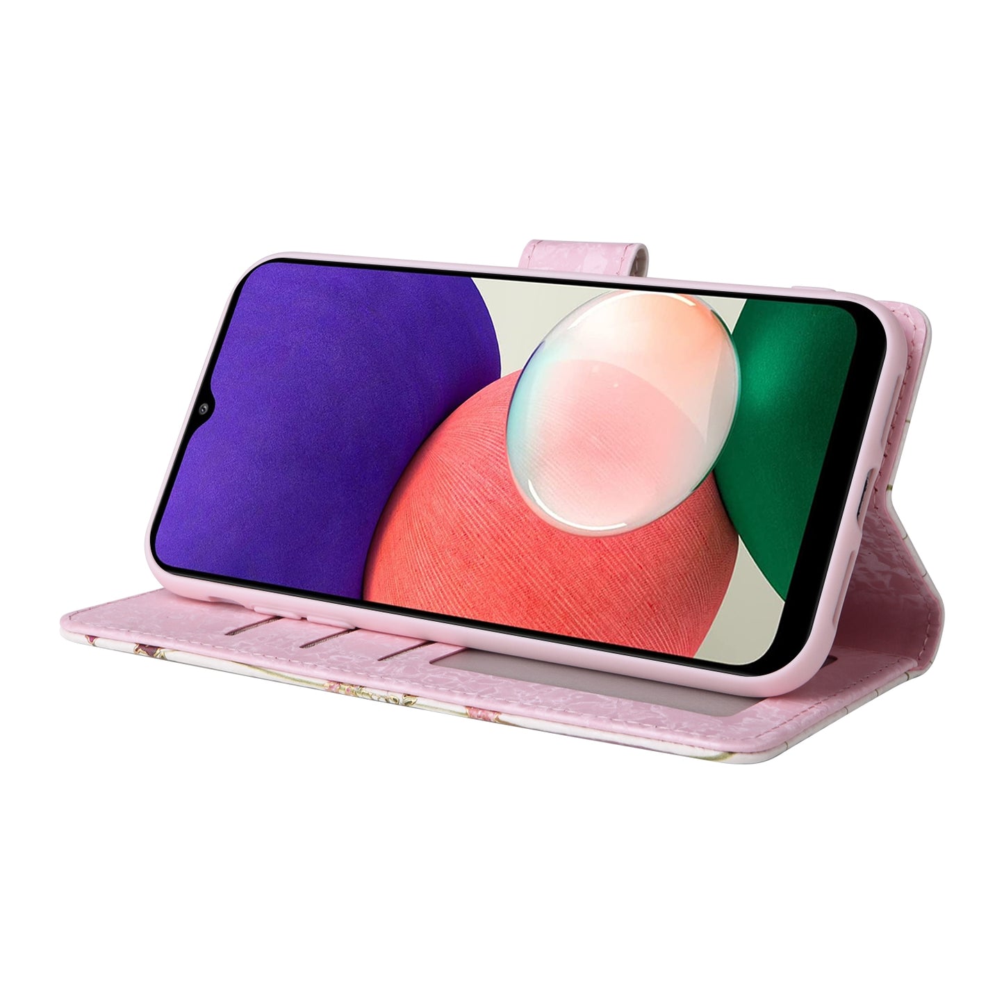 Samsung Galaxy A22 5G Luxury Bronzing Leather Case - Floral RFID Wallet Cover with Stand & Card Slots