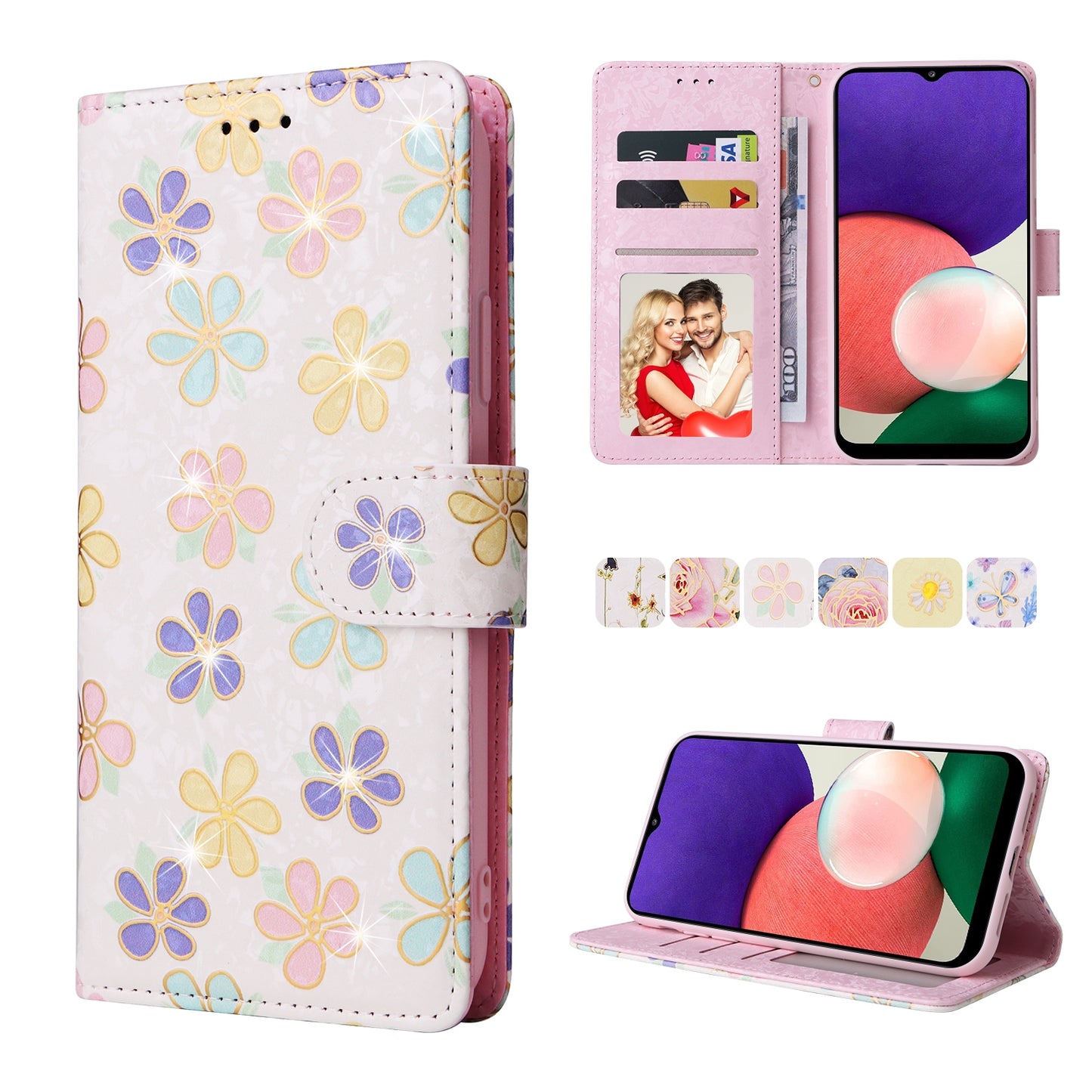 Samsung Galaxy A22 5G Luxury Bronzing Leather Case - Floral RFID Wallet Cover with Stand & Card Slots