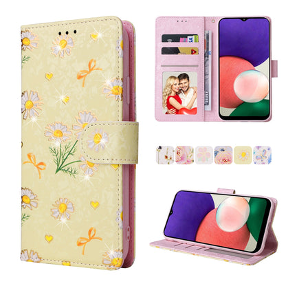 Samsung Galaxy A22 5G Luxury Bronzing Leather Case - Floral RFID Wallet Cover with Stand & Card Slots