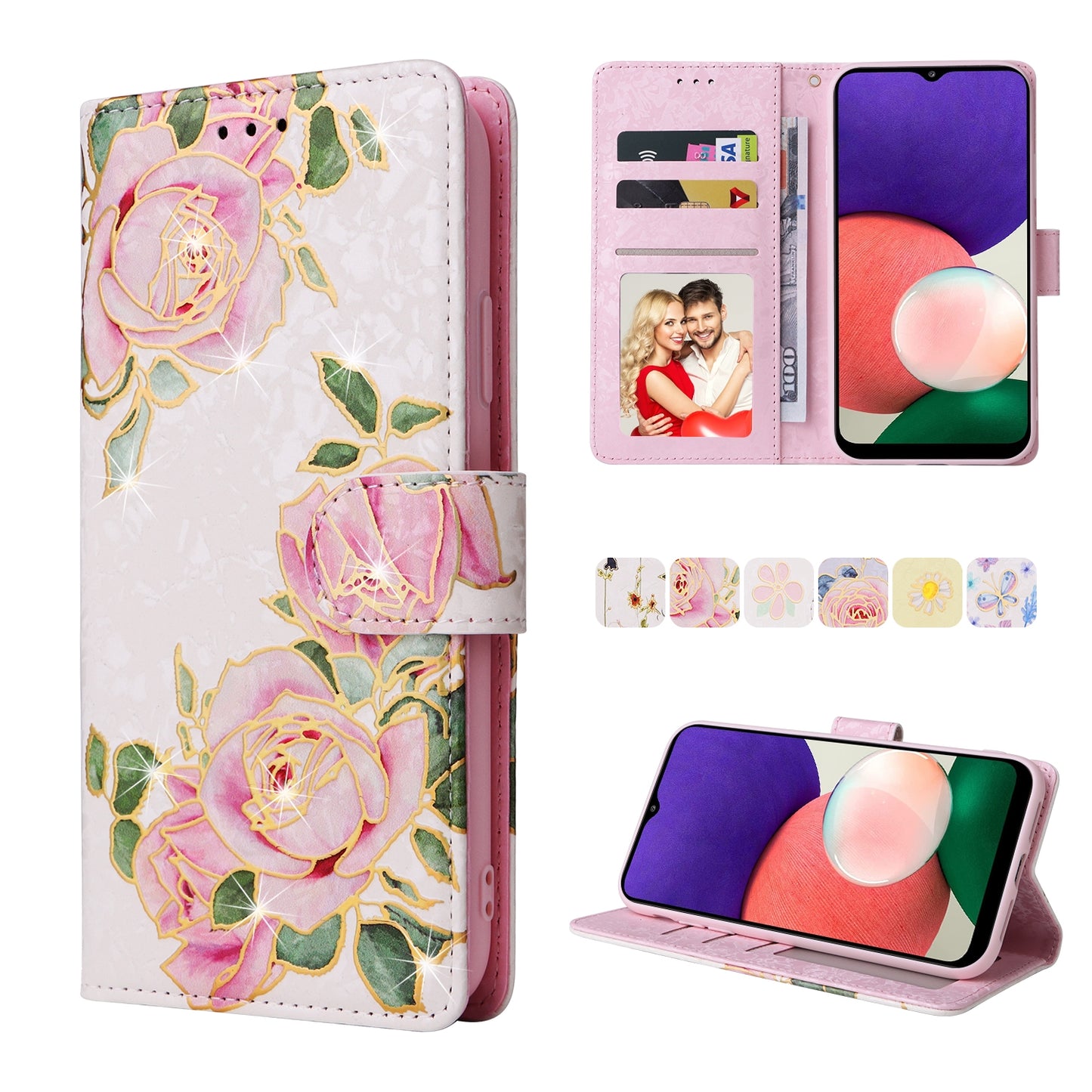 Samsung Galaxy A22 5G Luxury Bronzing Leather Case - Floral RFID Wallet Cover with Stand & Card Slots