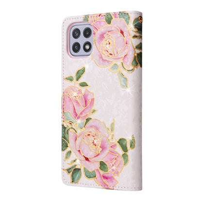 Samsung Galaxy A22 5G Luxury Bronzing Leather Case - Floral RFID Wallet Cover with Stand & Card Slots