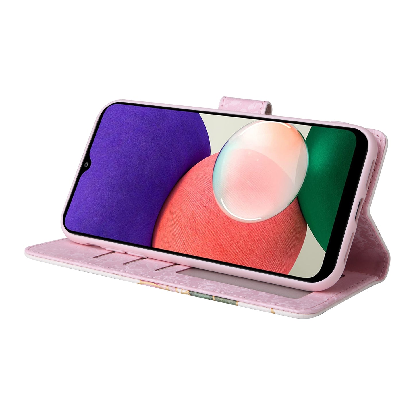 Samsung Galaxy A22 5G Luxury Bronzing Leather Case - Floral RFID Wallet Cover with Stand & Card Slots