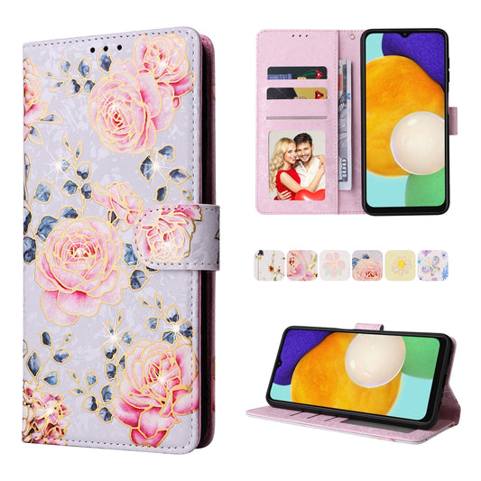 Samsung Galaxy A13 4G/5G Luxury Bronzing Leather Case - Floral RFID Wallet Cover with Stand & Card Slots