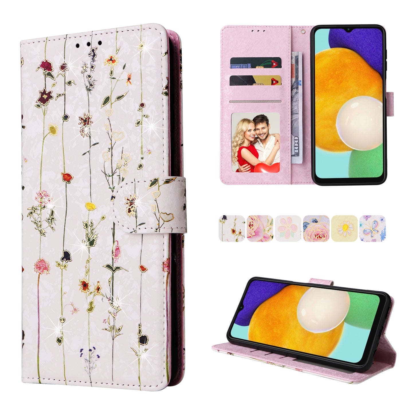 Samsung Galaxy A13 4G/5G Luxury Bronzing Leather Case - Floral RFID Wallet Cover with Stand & Card Slots