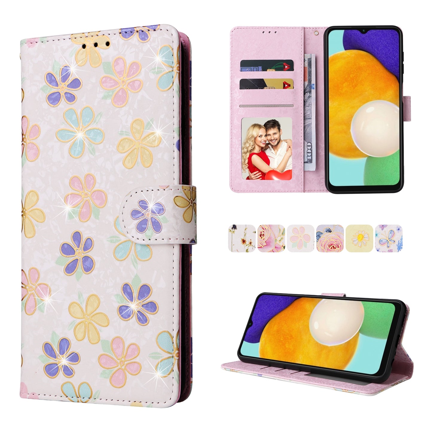 Samsung Galaxy A13 4G/5G Luxury Bronzing Leather Case - Floral RFID Wallet Cover with Stand & Card Slots