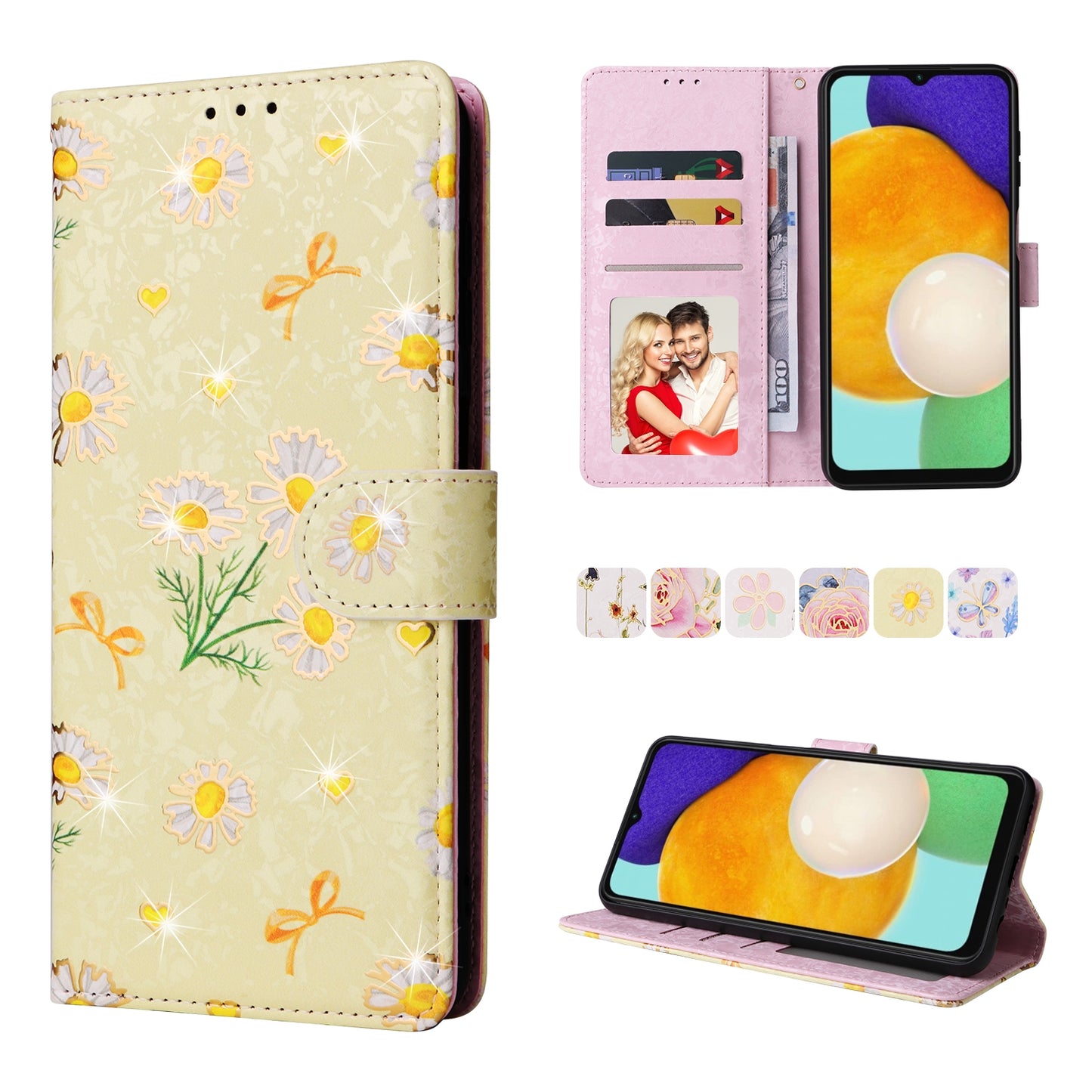 Samsung Galaxy A13 4G/5G Luxury Bronzing Leather Case - Floral RFID Wallet Cover with Stand & Card Slots