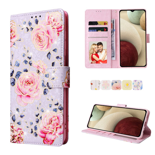 Samsung Galaxy A12 Luxury Bronzing Leather Case - Floral RFID Wallet Cover with Stand & Card Slots
