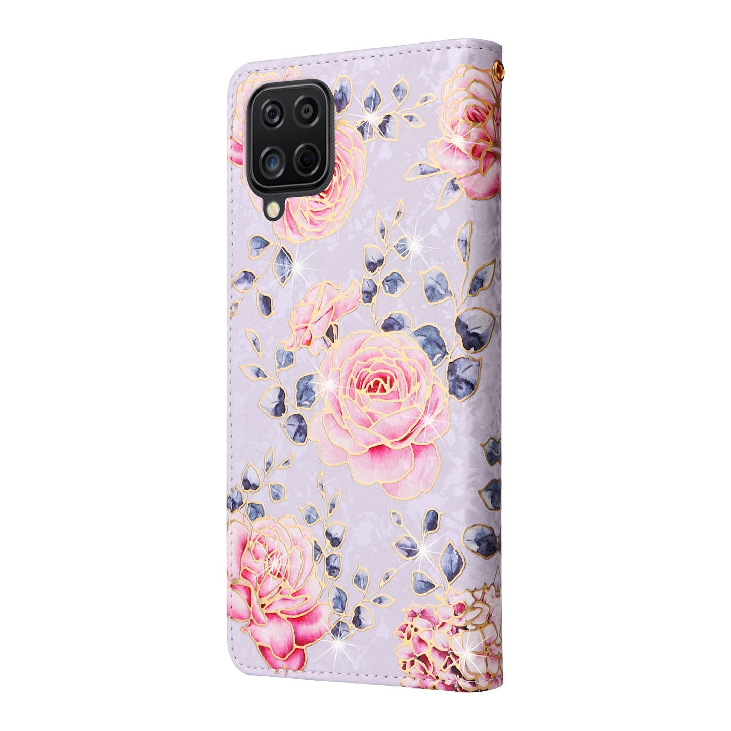 Samsung Galaxy A12 Luxury Bronzing Leather Case - Floral RFID Wallet Cover with Stand & Card Slots