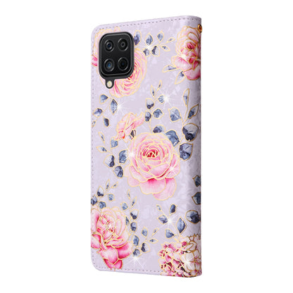 Samsung Galaxy A12 Luxury Bronzing Leather Case - Floral RFID Wallet Cover with Stand & Card Slots