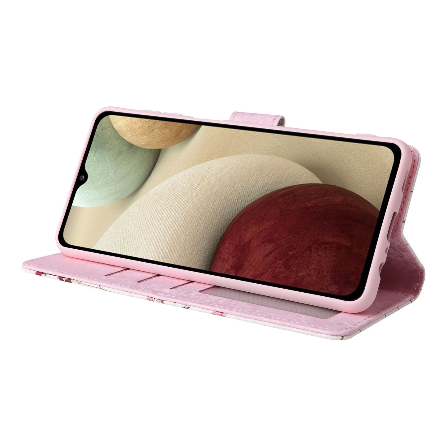 Samsung Galaxy A12 Luxury Bronzing Leather Case - Floral RFID Wallet Cover with Stand & Card Slots