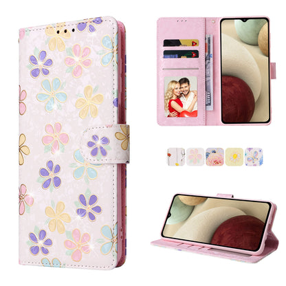 Samsung Galaxy A12 Luxury Bronzing Leather Case - Floral RFID Wallet Cover with Stand & Card Slots
