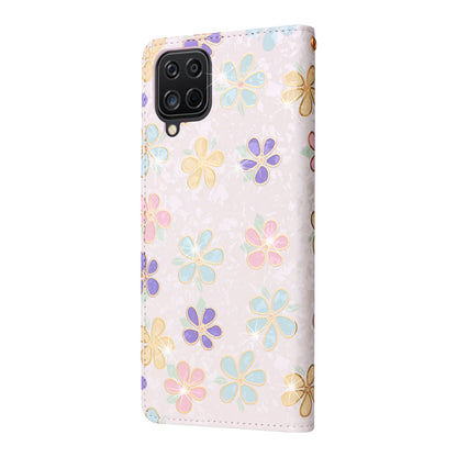 Samsung Galaxy A12 Luxury Bronzing Leather Case - Floral RFID Wallet Cover with Stand & Card Slots