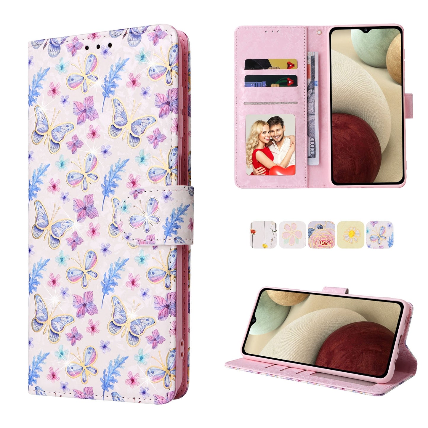 Samsung Galaxy A12 Luxury Bronzing Leather Case - Floral RFID Wallet Cover with Stand & Card Slots