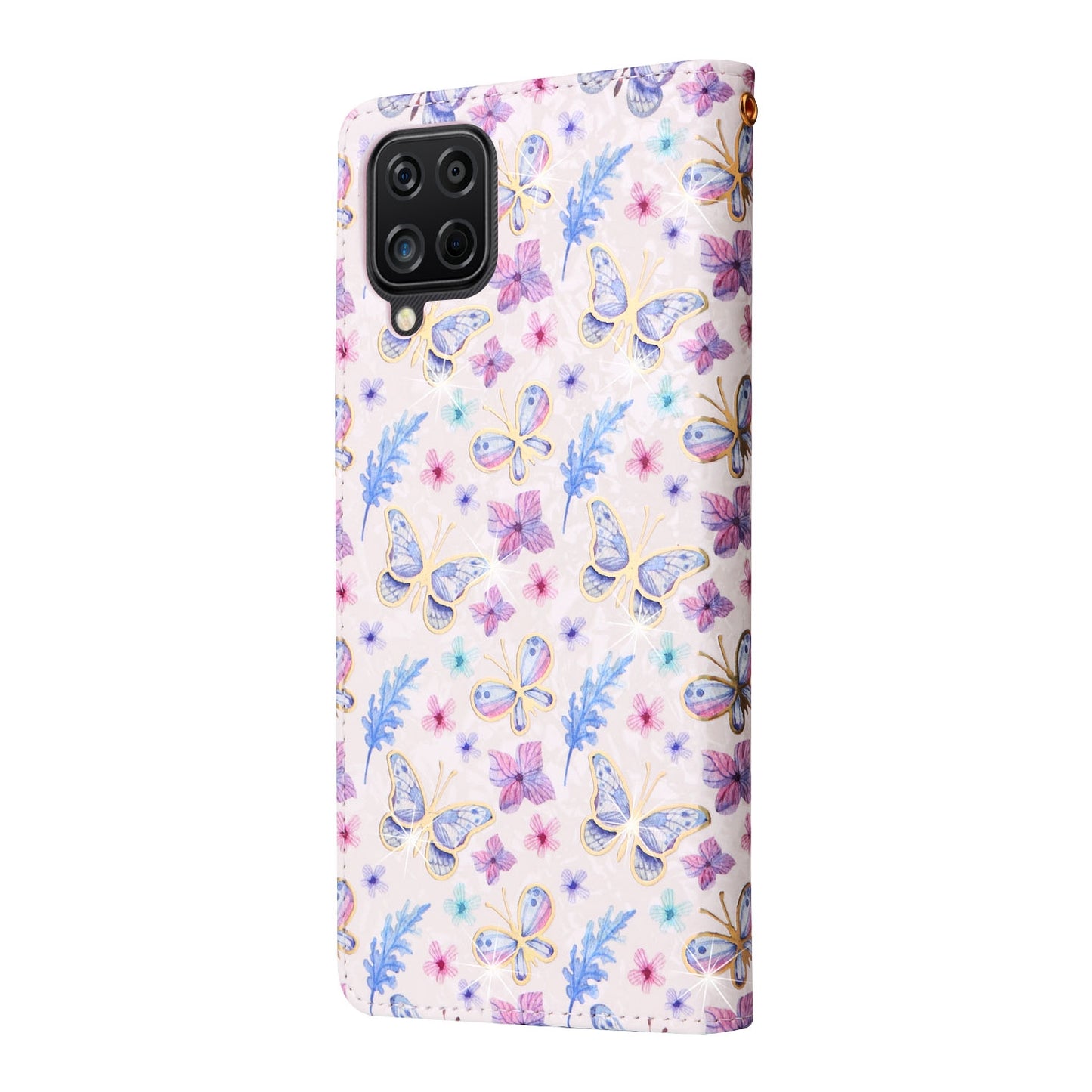 Samsung Galaxy A12 Luxury Bronzing Leather Case - Floral RFID Wallet Cover with Stand & Card Slots