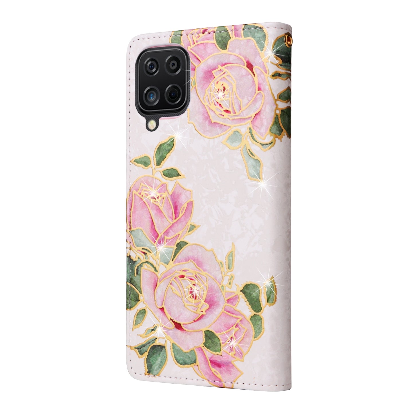 Samsung Galaxy A12 Luxury Bronzing Leather Case - Floral RFID Wallet Cover with Stand & Card Slots