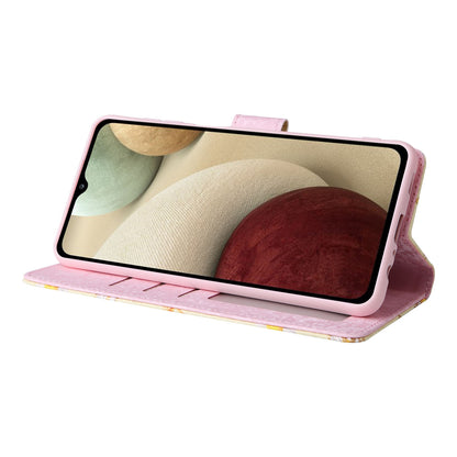 Samsung Galaxy A12 Luxury Bronzing Leather Case - Floral RFID Wallet Cover with Stand & Card Slots