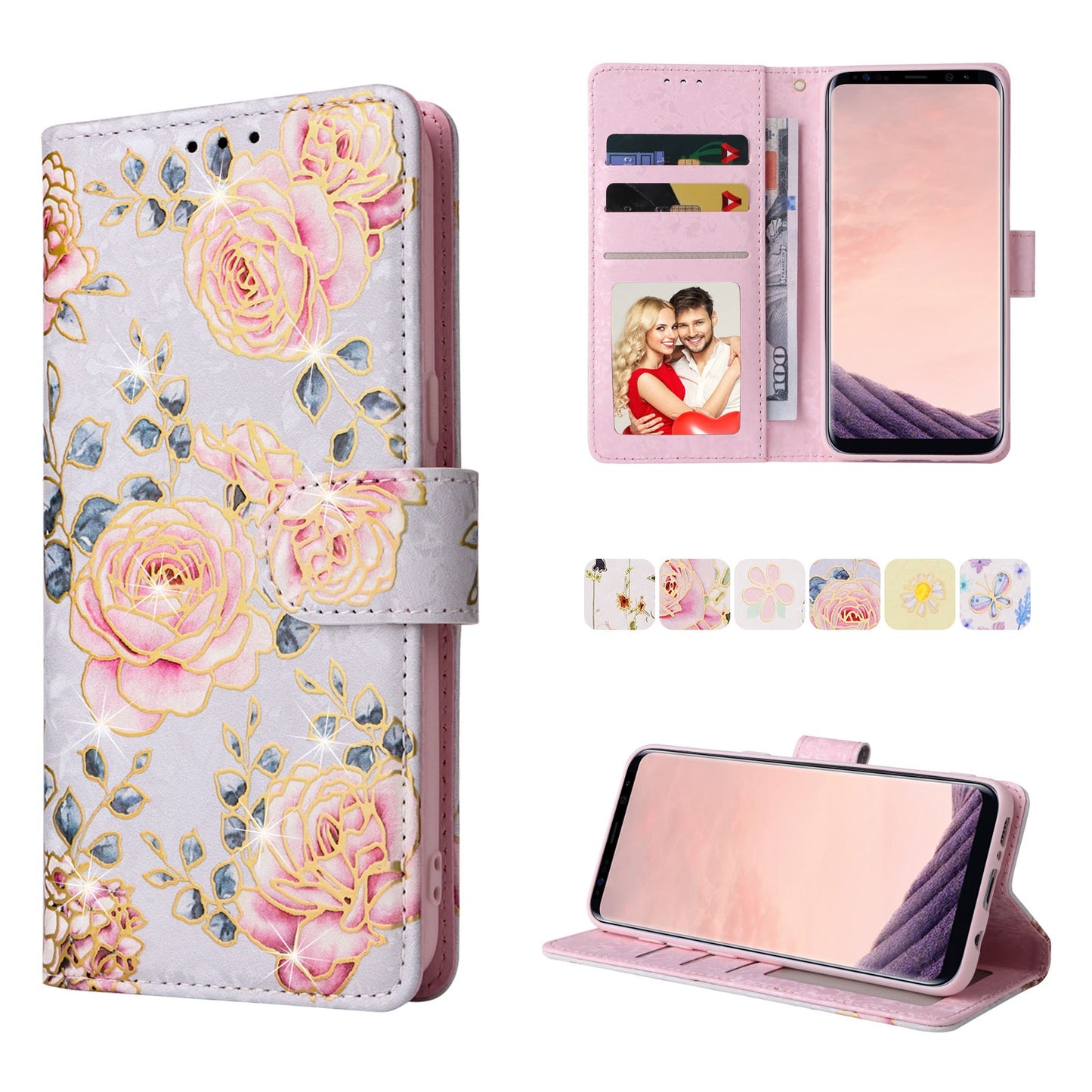 Samsung Galaxy S8 Plus Luxury Bronzing Leather Case - Floral RFID Wallet Cover with Stand & Card Slots