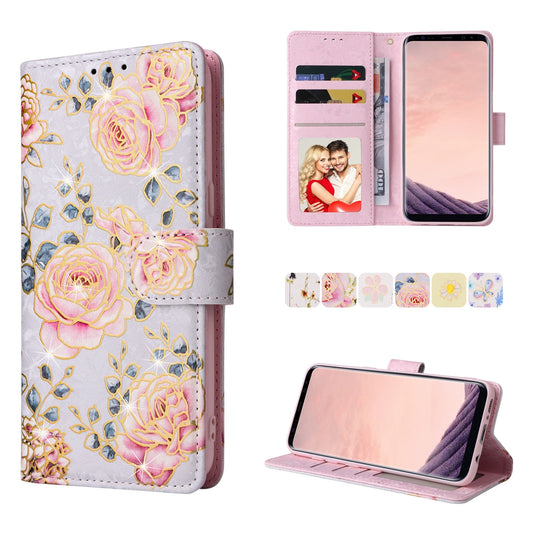 Samsung Galaxy S8 Plus Luxury Bronzing Leather Case - Floral RFID Wallet Cover with Stand & Card Slots