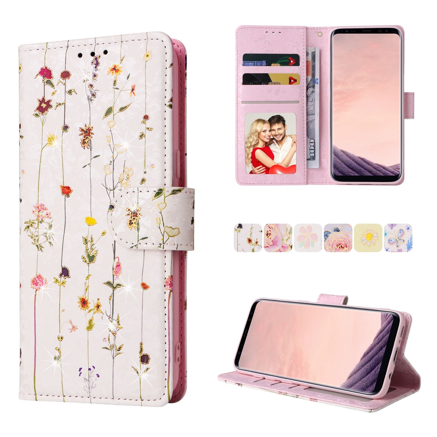 Samsung Galaxy S8 Plus Luxury Bronzing Leather Case - Floral RFID Wallet Cover with Stand & Card Slots