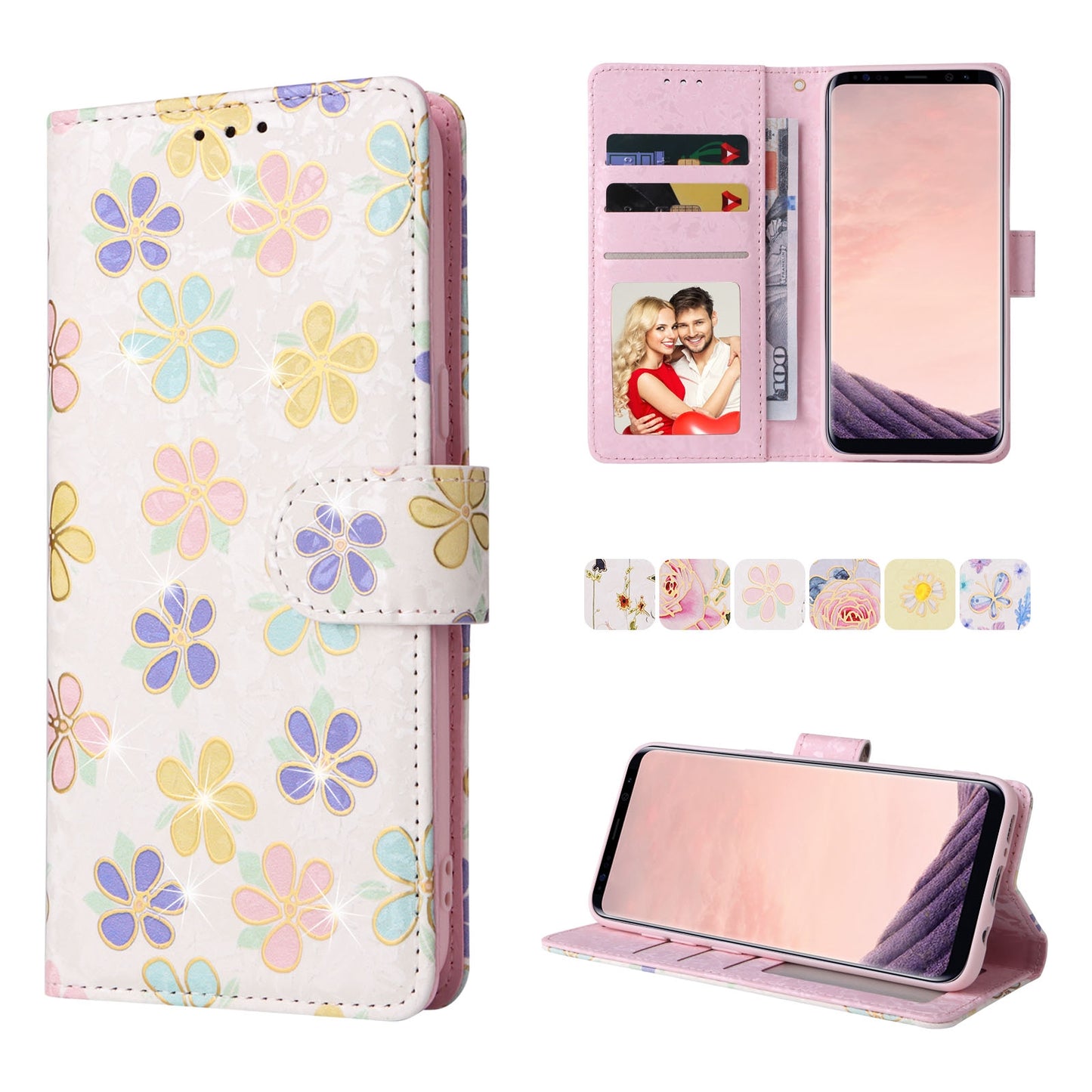 Samsung Galaxy S8 Plus Luxury Bronzing Leather Case - Floral RFID Wallet Cover with Stand & Card Slots