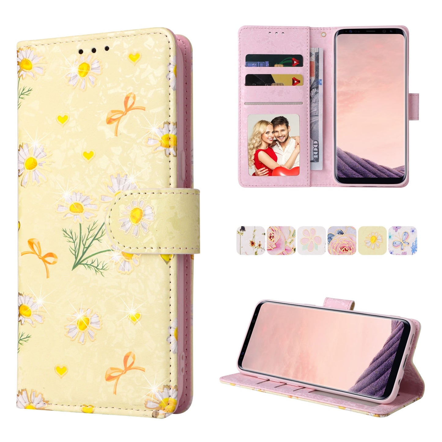 Samsung Galaxy S8 Plus Luxury Bronzing Leather Case - Floral RFID Wallet Cover with Stand & Card Slots