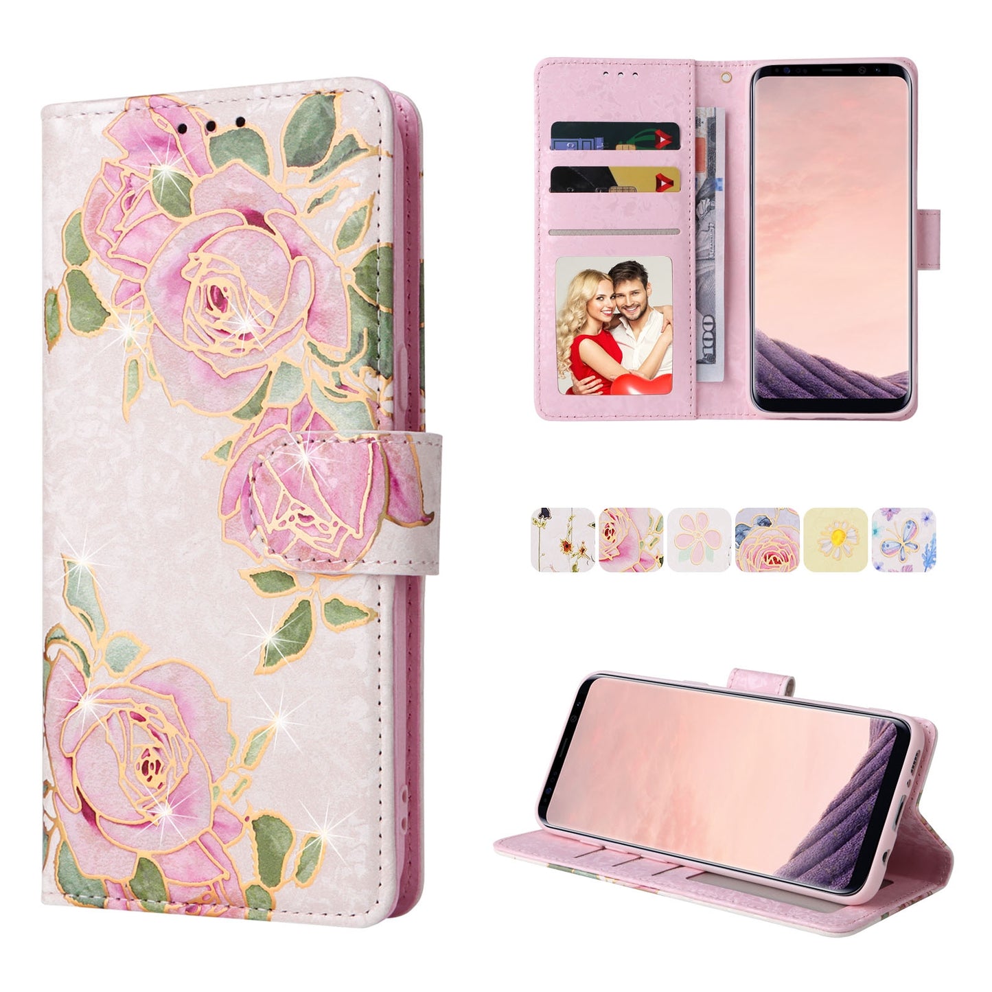 Samsung Galaxy S8 Plus Luxury Bronzing Leather Case - Floral RFID Wallet Cover with Stand & Card Slots