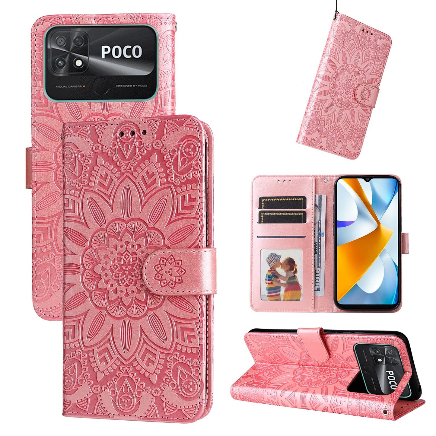 Xiaomi Poco C40 Sunflower Embossed Leather Wallet Phone Case with Kickstand and Card Holder