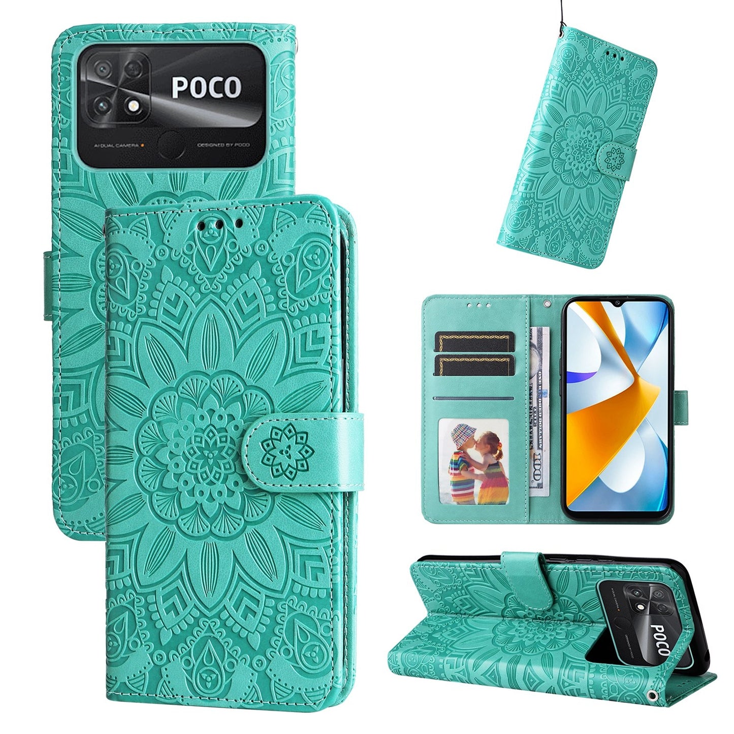 Xiaomi Poco C40 Sunflower Embossed Leather Wallet Phone Case with Kickstand and Card Holder