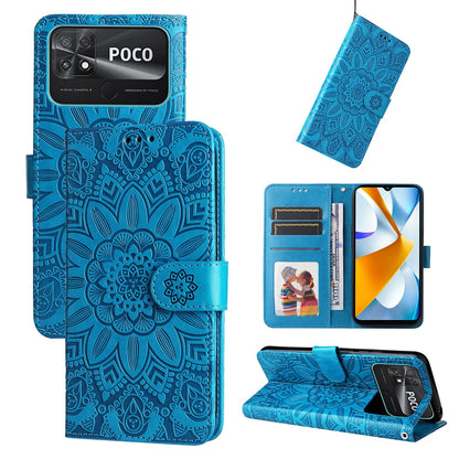 Xiaomi Poco C40 Sunflower Embossed Leather Wallet Phone Case with Kickstand and Card Holder