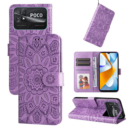 Xiaomi Poco C40 Sunflower Embossed Leather Wallet Phone Case with Kickstand and Card Holder