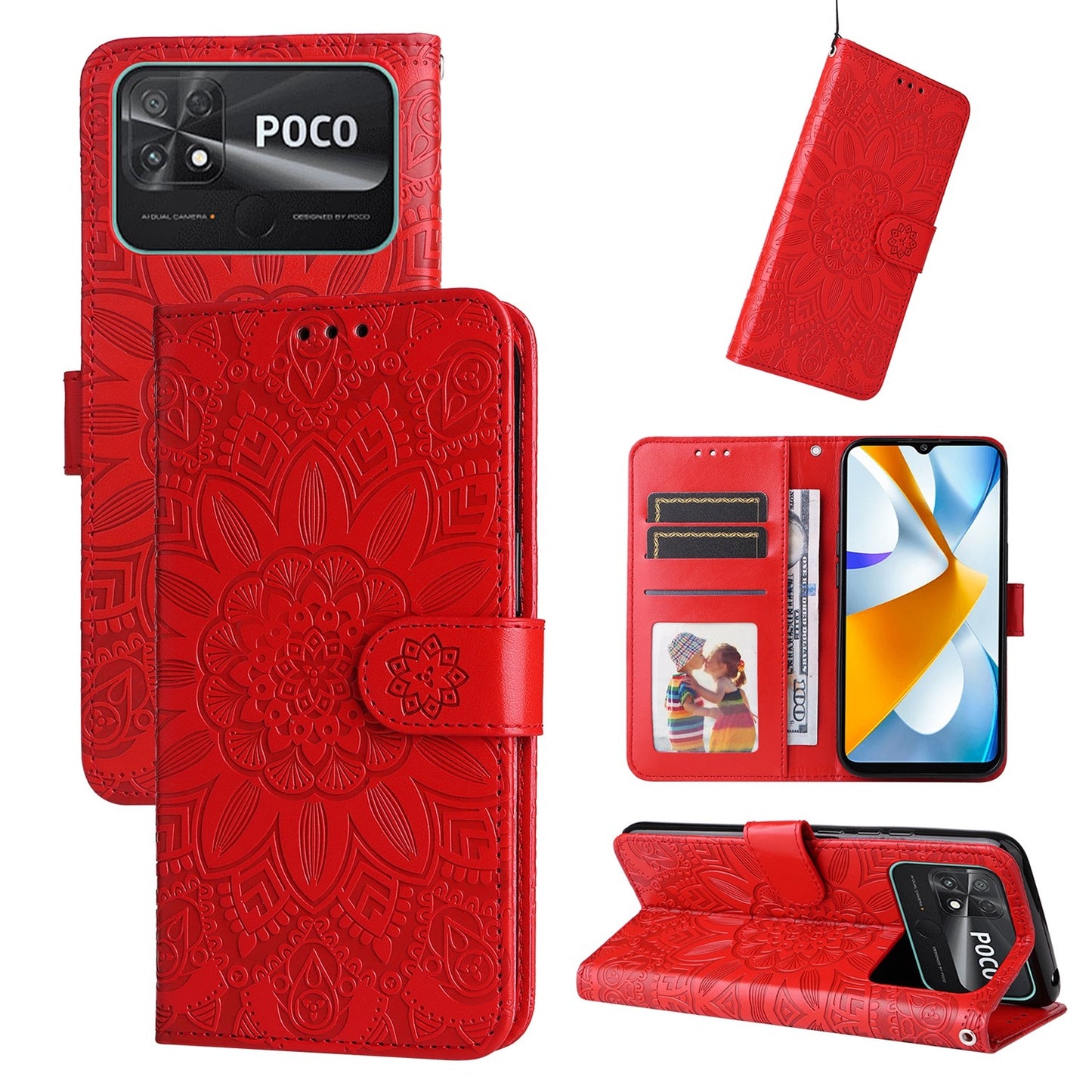 Xiaomi Poco C40 Sunflower Embossed Leather Wallet Phone Case with Kickstand and Card Holder