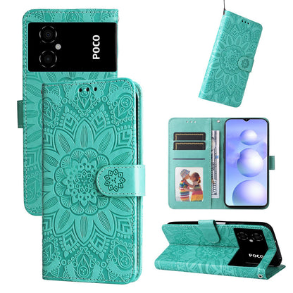 Xiaomi Poco M4 5G Sunflower Embossed Leather Wallet Phone Case with Kickstand and Card Holder