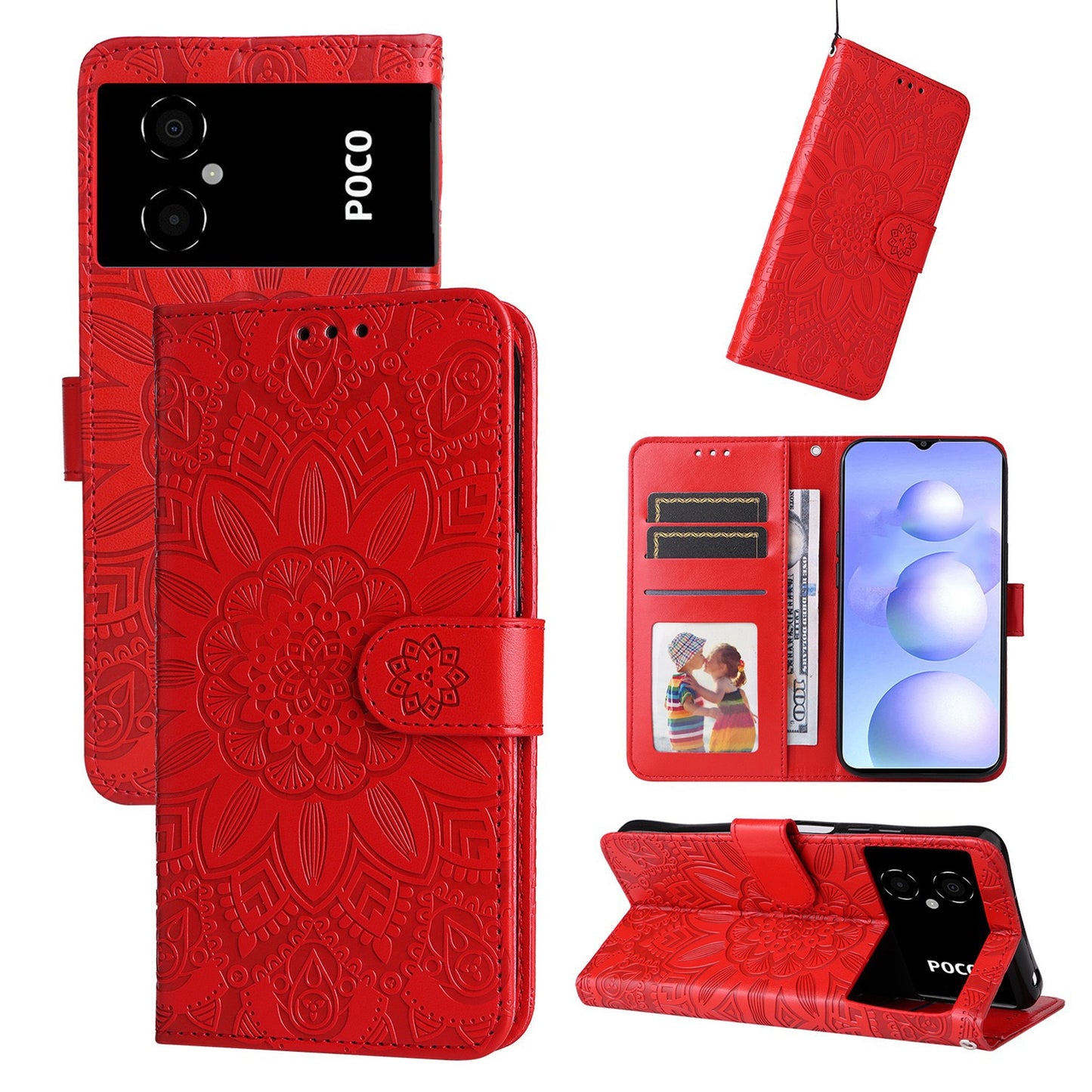 Xiaomi Poco M4 5G Sunflower Embossed Leather Wallet Phone Case with Kickstand and Card Holder