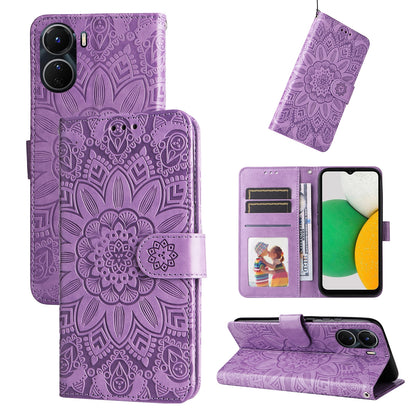 vivo Y16 Sunflower Embossed Leather Wallet Phone Case with Kickstand and Card Holder