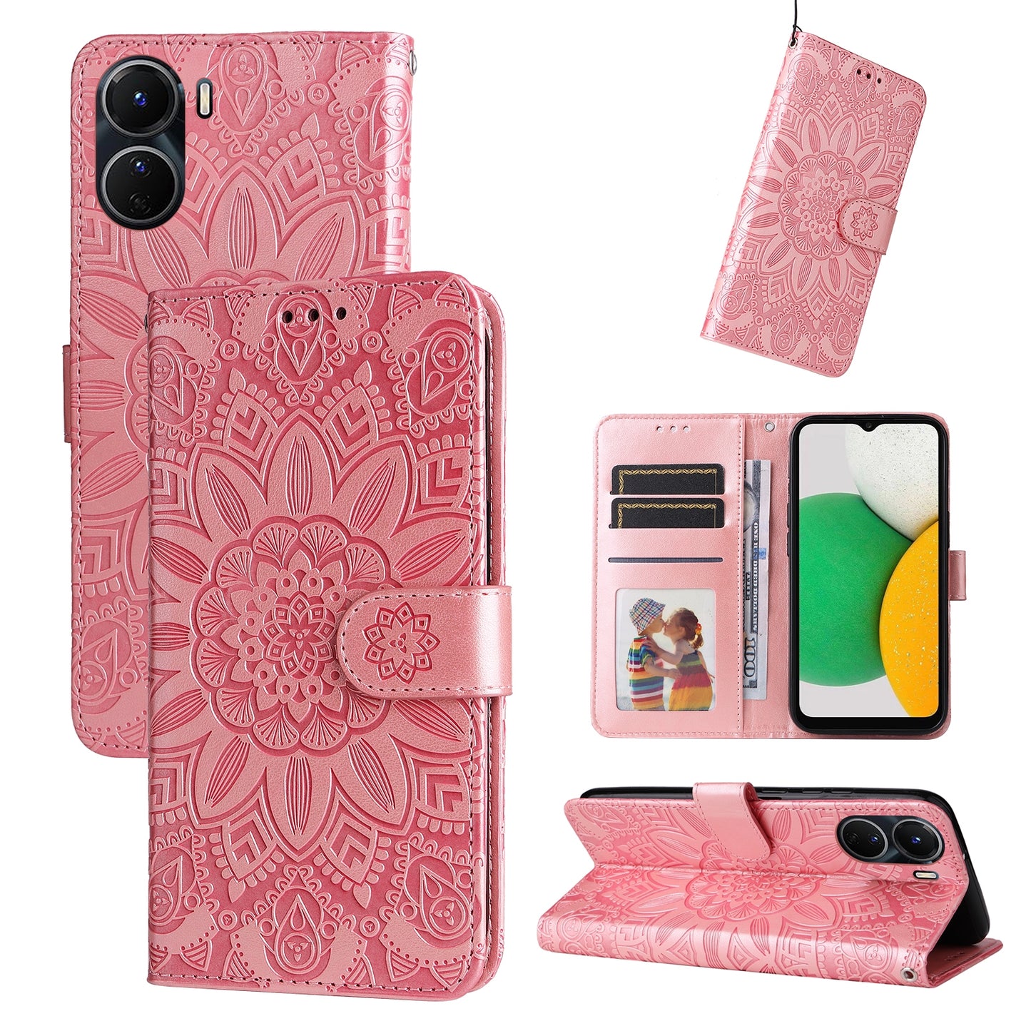 vivo Y16 Sunflower Embossed Leather Wallet Phone Case with Kickstand and Card Holder