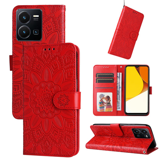 vivo Y22 Sunflower Embossed Leather Wallet Phone Case with Kickstand and Card Holder