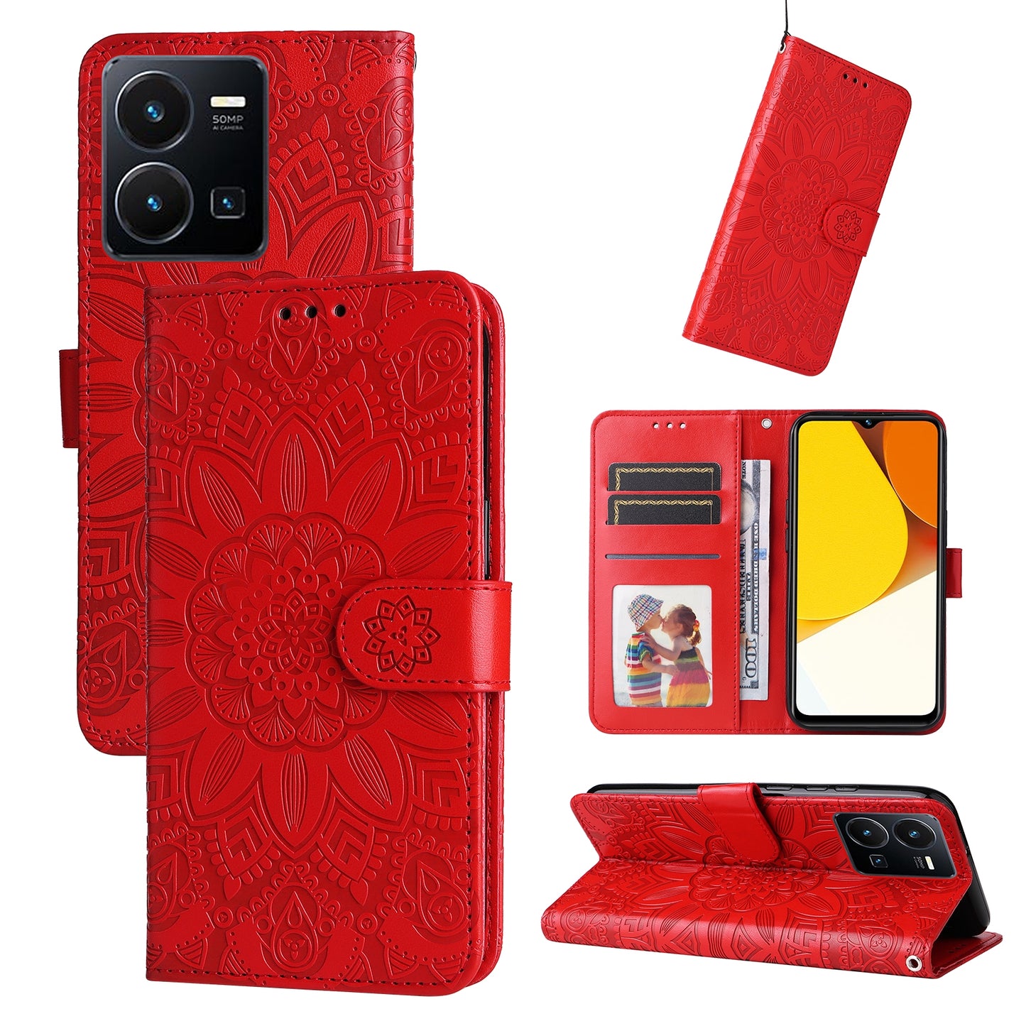 vivo Y35 4G Sunflower Embossed Leather Wallet Phone Case with Kickstand and Card Holder